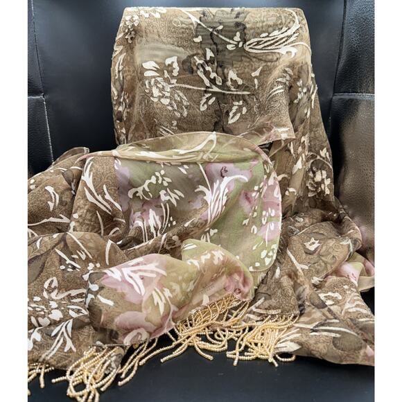 Georgiou Beaded Fringe velvet silk burnout Shawl Scarf 100% Silk 83” X 22” Brown - Picture 1 of 7